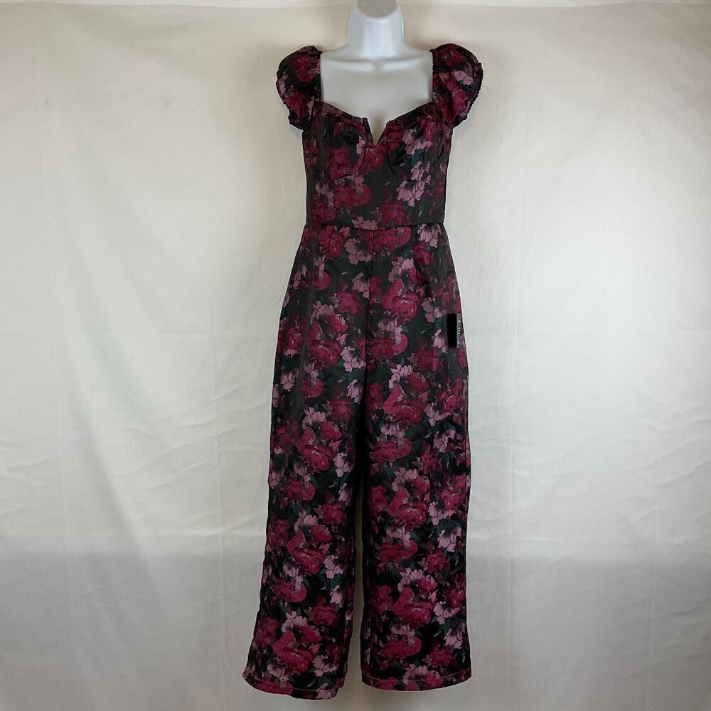 Lulu's Black Floral Print Jacquard Jumpsuit Purple Black Green Off Shoulder Puff